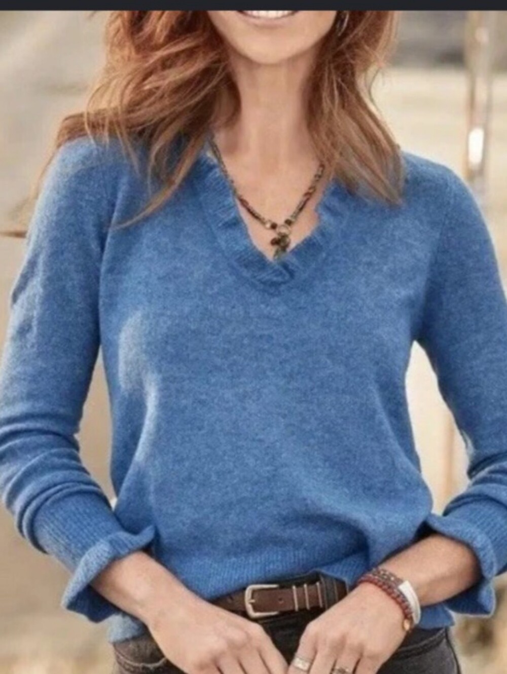 SUNDANCE blue ruffle V-neck sweater sz S nwt